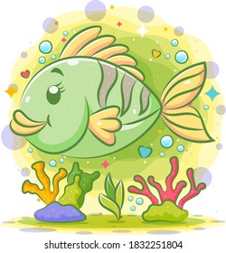 Little green clown fish swim under the beautiful sea of illustration