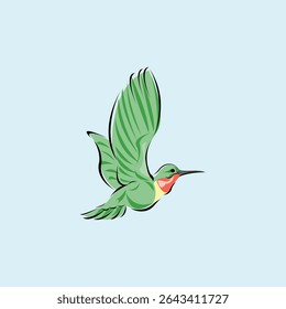 Little green colibri. Hummingbird. Tropical little bird. Vector illustration.