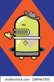 A little green cowboy robot on an orange and blue  background