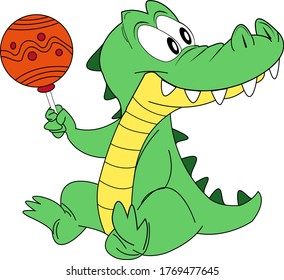 
little green crocodile sits with a red candy on a stick in his hand