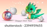 Little green dragon in a New Year's entourage. Happy New Year 2024 greeting card