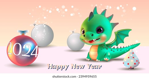 Little green dragon in a New Year's entourage. Happy New Year 2024 greeting card