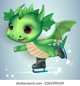  little green dragon on the skates. Cartoon vector illustration