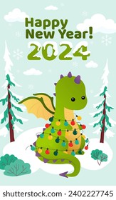 A little green dragon in the snow wrapped in Christmas lights.