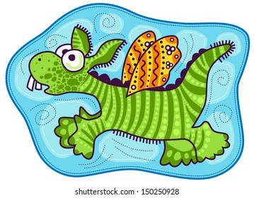 Little green dragon, striped flies through the sky. Yellow decorative wings of a dragon. Big eyes and protruding front two teeth. Blue sky.