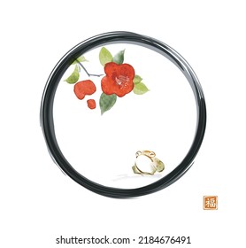 Little green frog and red camelia flowers in black enso zen circle on white background. Traditional oriental ink painting sumi-e, u-sin, go-hua. Translation of hieroglyph - zen.