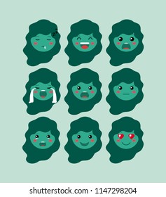 little green girls emoticon set kawaii characters