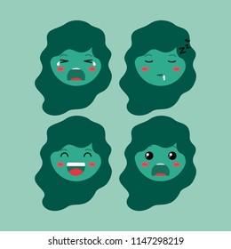 little green girls emoticon set kawaii characters