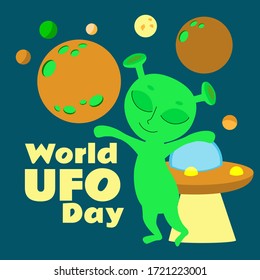 Little green happy alien flying a saucer and planets. Cartoon funny vector character in flat and childish styles for International UFO Day.