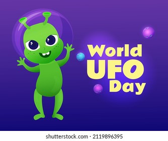 Little green happy alien flying a saucer and planets. Cartoon funny vector character in flat and childish styles for International UFO Day.