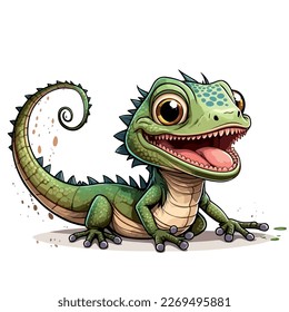 Little green lizard. Little baby lizard. A friendly little lizard with big brown eyes. Nice character graphics made in vector graphics. Illustration for a child.