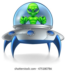 A little green man alien cartoon character piloting a flying his saucer spaceship