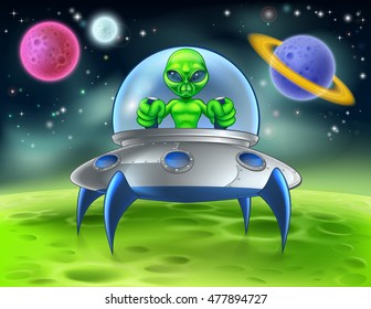 A little green man alien cartoon character piloting a flying saucer spaceship on a planet