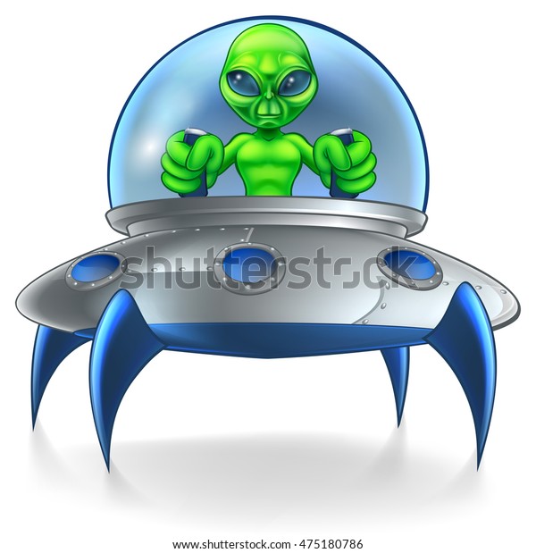 A little green man alien cartoon character piloting a flying his saucer