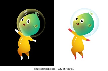 Little green man character clip art, cute happy dancing alien for kids. Playful extraterrestrial for children clip art isolated on black and white. Vector cosmos character illustration.
