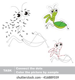 Little green mantis in vector to be traced by numbers. Vector visual game for children.