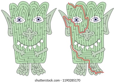 Little green monster maze for kids with a solution