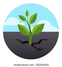 Little green sprout grows through asphalt ground. Flat style vector illustration isolated on white background.