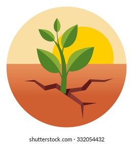 Little green sprout grows through dry desert ground. Flat style vector illustration isolated on white background.