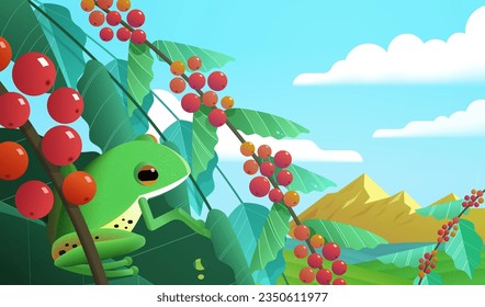 Little green tree frog resting on coffee tree with beautiful mountains landscape background.