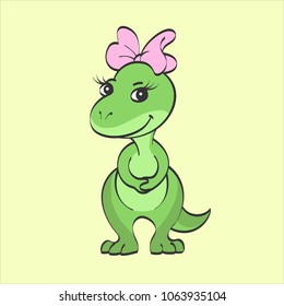 Little green Tyrannosaurus girl with a pink bow on her head. Smiles. White background.