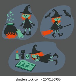 Little green witches set, Halloween Flat illustration.