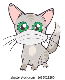 The little green-eyed striped kitten in a medical mask is very scared by the quarantine of coronavirus