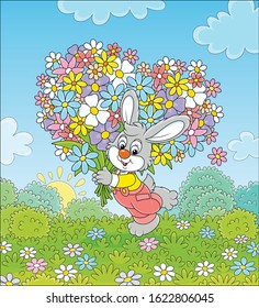 Little grey bunny with its big bouquet of colorful wildflowers on a pretty summer field, vector cartoon illustration