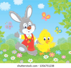 Little grey bunny and his friend a small yellow chick walking and waving in greeting among colorful butterflies and flowers on a sunny spring day, vector illustration in a cartoon style