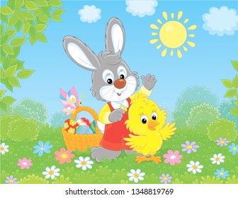 Little grey bunny and a small yellow chick with an Easter basket of colorfully decorated eggs waving in greeting among flowers on a sunny spring day, vector illustration in a cartoon style