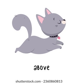 Little Grey Cat Above as English Language Preposition for Educational Activity Vector Illustration