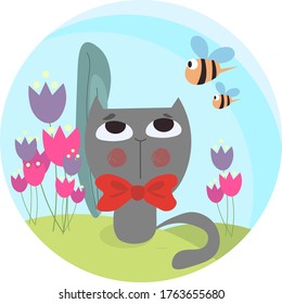 little grey cat and bees