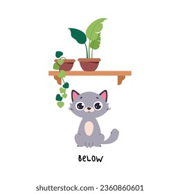 Little Grey Cat Below Shelf with Houseplant as English Language Preposition for Educational Activity Vector Illustration