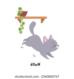 Little Grey Cat Jump Down from Shelf as English Language Preposition for Educational Activity Vector Illustration