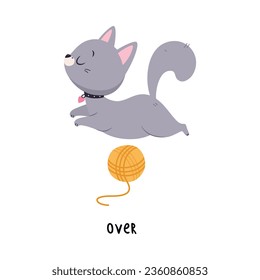 Kleine graue Katze, die über den Sammelband des Garns als Englischsprachige Präposition für Vektorgrafik im Bildungsbereich springen