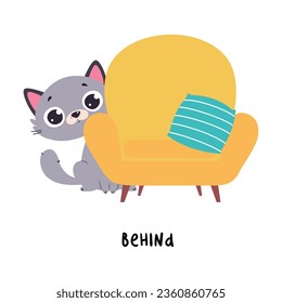 Pequeño gato gris sentado detrás de un sillón como preposición en inglés para ilusión vectorial de actividad educativa