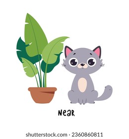 Little Grey Cat Sitting Near Houseplant as English Language Preposition for Educational Activity Vector Illustration