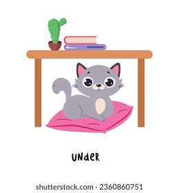 Little Grey Cat Sitting Under Table on Pillow as English Language Preposition for Educational Activity Vector Illustration