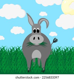 Little grey donkey in the meadow against blue sky background with white clouds and sun. Flat picture with burro in the grass. Cartoon farm animal.