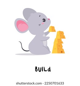 Little Grey Mouse Building Tower from Cheese Demonstrating English Verb for Educational Activity Vector Illustration