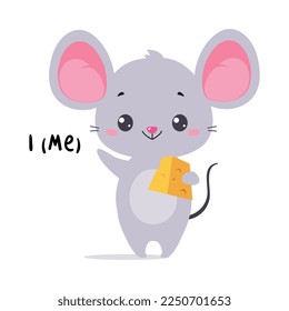 Little Grey Mouse with Cheese Waving Paw as Me English Subject Pronoun for Educational Activity Vector Illustration