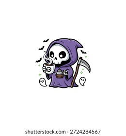 Little grim reaper drinking coffee icon flat vector design.