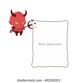 Little grinning devil holding a note with his pitchfork