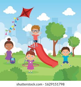 little group children playing in park landscape vector illustration design