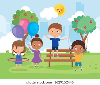 little group children playing in park landscape vector illustration design
