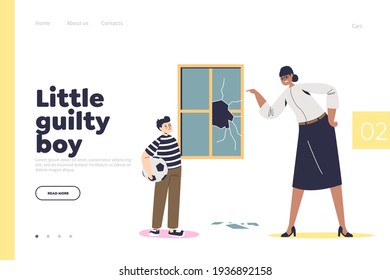 Little Guilty Boy Concept Of Landing Page With Teacher Scolding Pupil For Broken Window Glass. Angry School Principal Female Screaming At Pupil For Bad Behavior. Cartoon Flat Vector Illustration