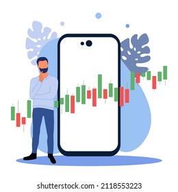 Un chico con un gran smartphone y una gráfica. Comercio. Hombre con ropa casual analizando. Diseño de banner de concepto de aplicación de comercio móvil. Aplicación financiera en pantalla de smartphone. Vector de diseño plano 