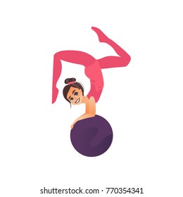 Little gymnast, acrobat girl doing handstand on ball, cartoon vector illustration isolated on white background. Pretty flexible acrobat girl doing handstand exercise with big gymnast ball, side view