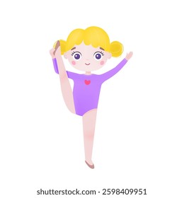 Little gymnast kid lifts his leg. Little gymnast girl doing splits standing. Flat vector illustration isolated on white background