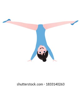 Little gymnast training, doing exercises for stretching and flexebility, athletic pose of twine in cartoon style on white background